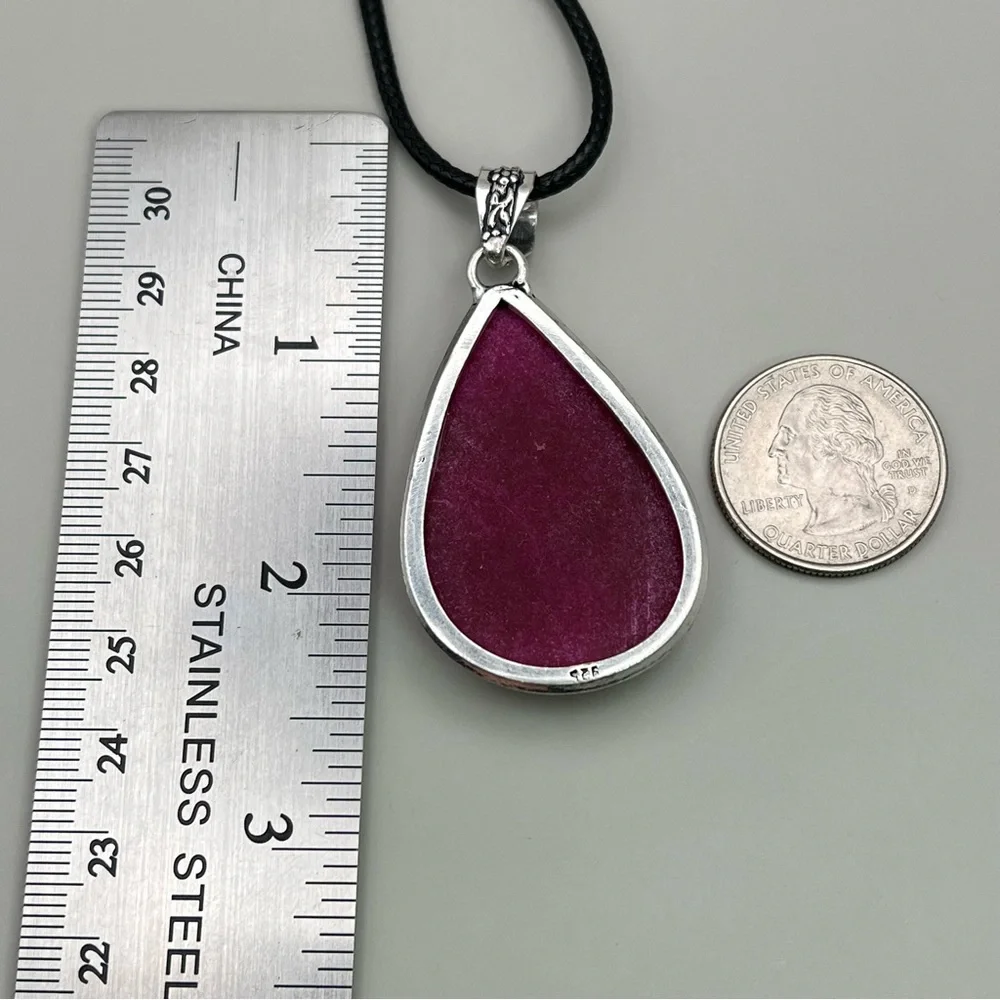 New Faceted Enhanced Ruby Stone Silver Overlay Pendant with Cord - Picture 4 of 5